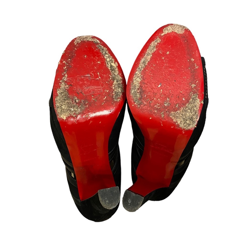 Christian Louboutin Commandanta Suede/Mesh Peep-Toe Red Sole Black Booties - Picture 6 of 11